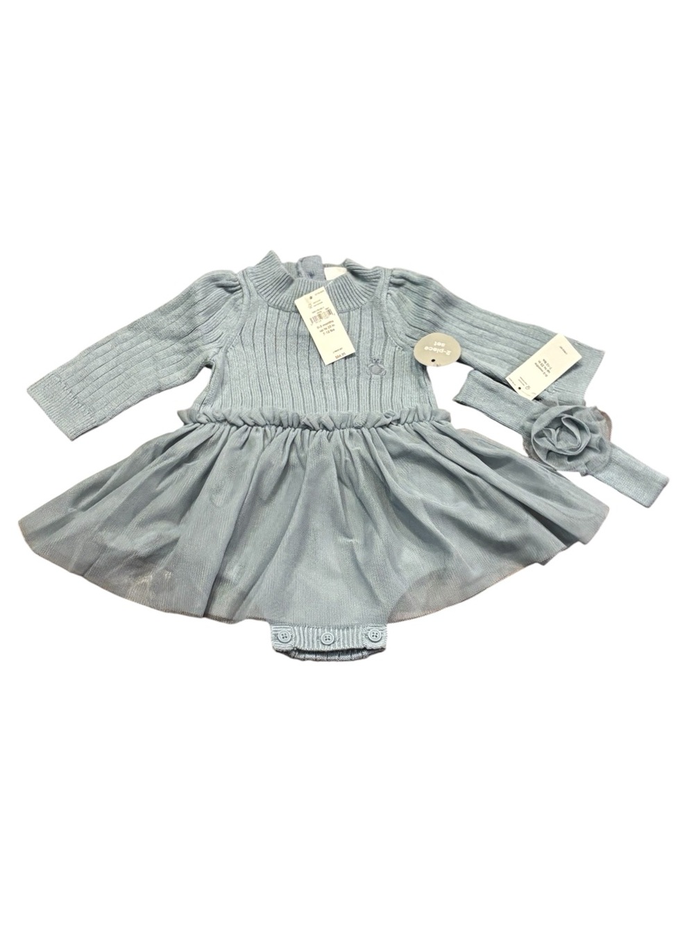Baby Gap NWT 0-3M Gray/Blue sweater dress/onesie with headband